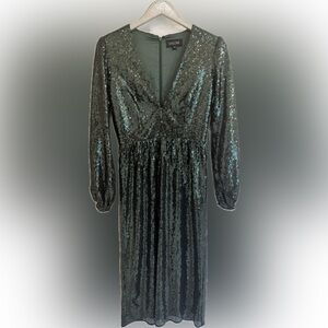 Saloni Green Sequin Long Sleeve Midi Dress